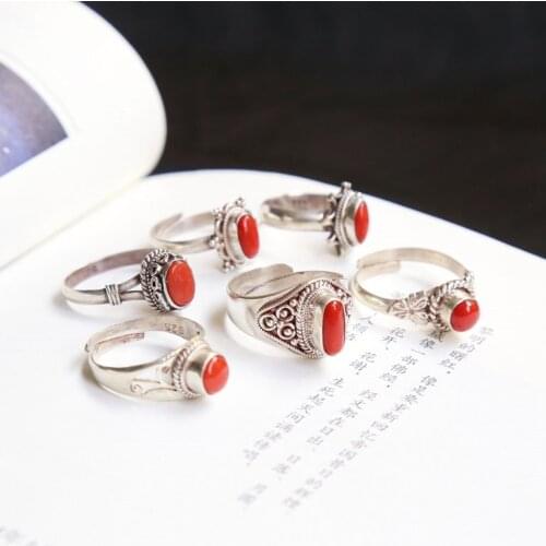 Nepal Handmade 925 Sterling Silver Inlaid Red Coral Lovely Rings for Girls Nepal Vintage Jewelry Multi Designs T9157