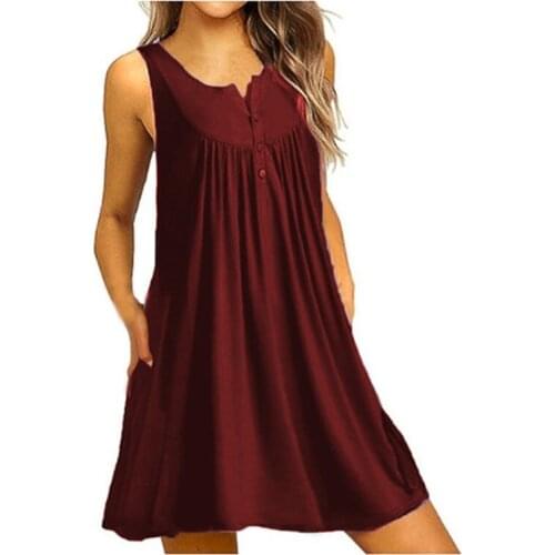 Ladies Summer O-neck Button Short Sleeve Casual Pleated Dress Womens Solid Color Sleeveless Loose Pullover Dress Plus Size 5XL