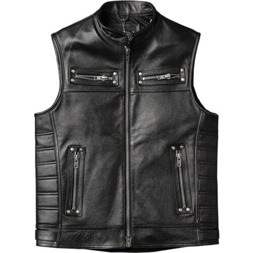 SOA Mens Motorcycle Leather Vest Stand Collar Solid Back Bikers Genuine Leather Sleeveless Jackets Cowhide Waistcoat
