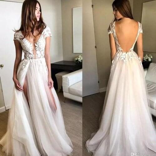 Cheap New Design Bohemia Ivory Lace Tulle Backless Summer Illusion Beach Wedding Dresses Bridal Gowns