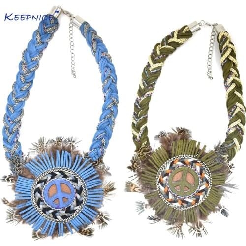 New Boho chic Jewelry HandMade Military Green Leather Choker Necklaces Peace symbol Feather Fringe Pendant Choker Necklace