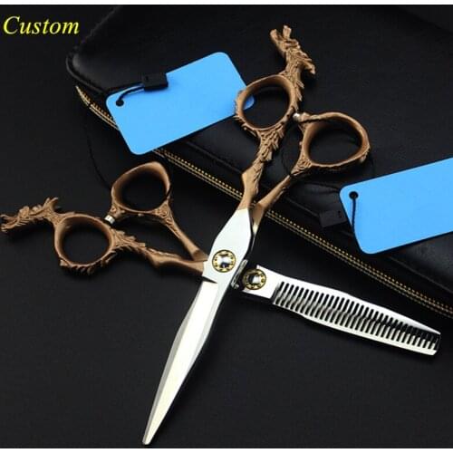Custom japan 440c 6 inch gold Dragon hair cutting scissors barber makas thinning shears haircut scissor hairdressing scissors