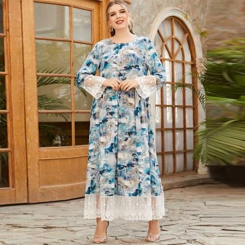 Plus size Womens round neck long sleeve fashion ink printing lace stitching fashion Muslim long skirt