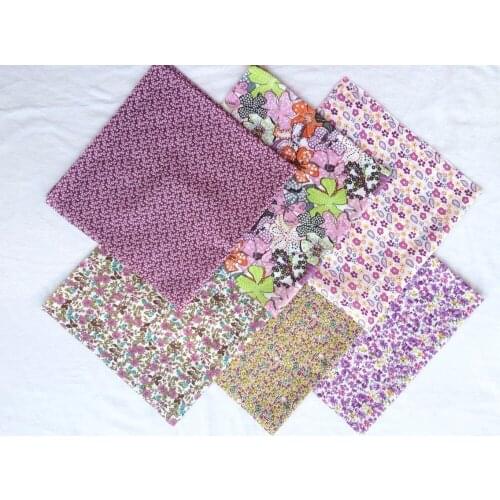 Romantic 24x25cm 6 Purple Flowers Printed Plain Cotton Fabric Bundle for DIY sewing
