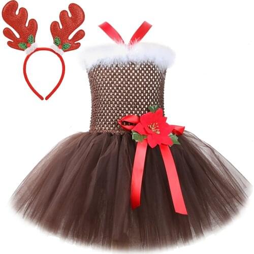 Christmas Deer Tutu Dress for Girls Reindeer Costumes for Kids Girl Santa Claus Tutu Dresses with Deer-Horn Flower Xmas Outfit