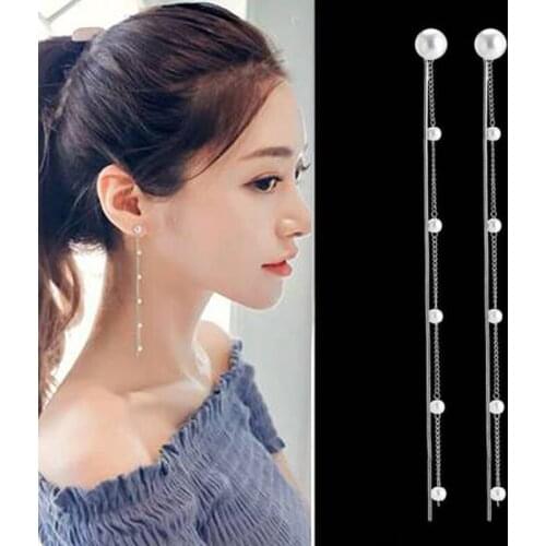 NEW Fashion Crystal Simple Long Chain Earrings For Women Hanging Pearl Metal Cable Drop Earring Minimalist Jewelry Brinco Bijoux