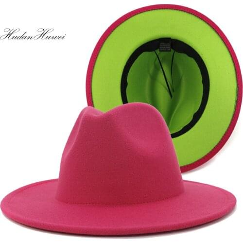 Fall Winter British Classic Women Men Rose Red Lime Green Patchwork Woolen Felt Fedora Hat Jazz Panama Hat