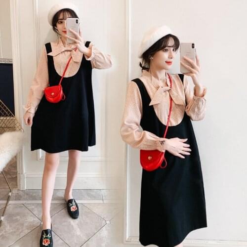 9511# Maternity Clothes Spring Autumn Cotton Long Sleeve False Two-piece Dress for Pregnant Women Pregnancy Clothes
