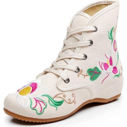 Embroidered Cloth Womens Ankle Wedge Boots New Fashion Chinese National Wind Lace Up Boots Oxford Boots for women White Bootie