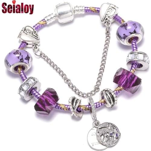 SEIALOY Purple Crystal Bracelet For Women Heart Shaped Safety Chain Galaxy Beads Brands Bracelets Bangle Fit Girl Couple