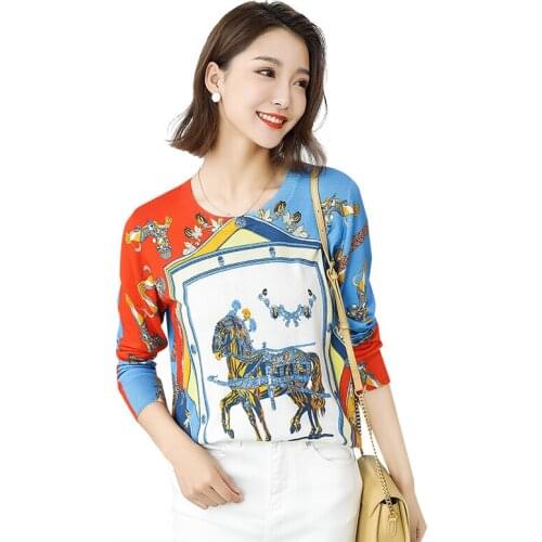 Women Pullover Printed Sweater Autumn Winter Long sleeve O neck Loose Knitted Jumper Horse Floral Pattern Elegant Sweater Women
