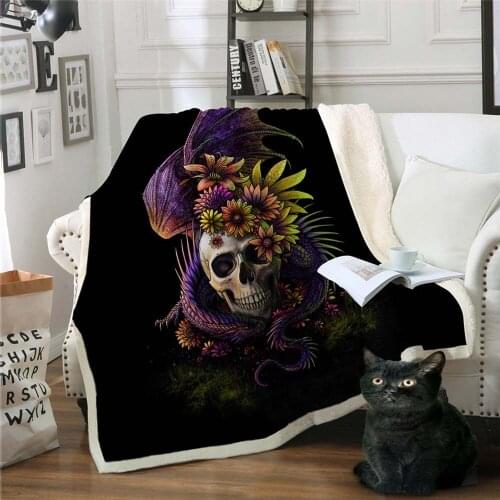 2 Sizes Flowery Skull by SunimaArt Throw Blanket Purple Gothic Sherpa Fleece Blanket Dangerous Monster Quilt battaniye