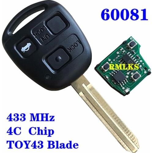 3 Buttons 433Mhz Car Remote key For Toyota Avensis Kluger Prado120 Tarago RAV4 Replacement Remote Control Key 4C Chip P/N 60081