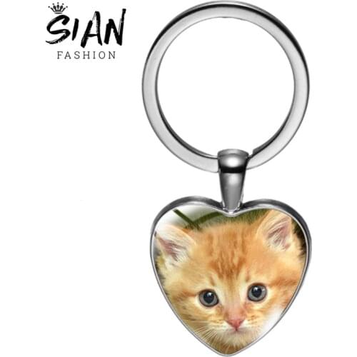 SIAN Cute Pet Cat Photo Keychain Gift Classic Heart Glass Metal Pendant Key Chain Ring Boy Girl Teen Keyring Jewelry Accessories