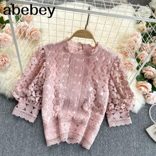 French Mesh Splice Blouse Women Elegant Solid Puff Sleeve Lace Ruffles Blouses Casual Loose Streetwear Tops