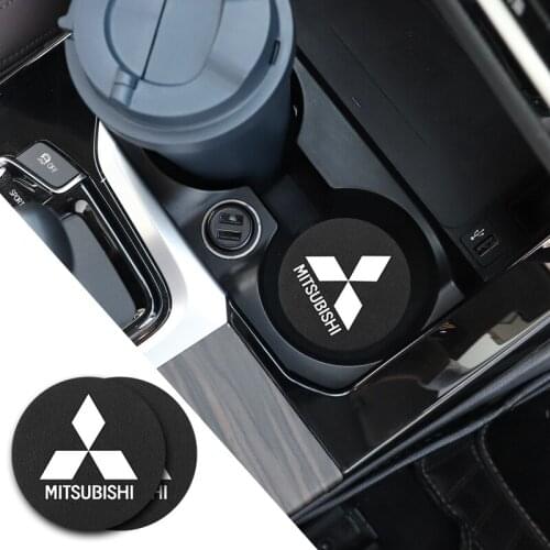 2Pcs Leather Car Cup Slot Mat PU Auto Emblem Non-Slip Cup Pad For Mitsubishi Lancer ASX Mirage Attrage Xpander L200 Outlander