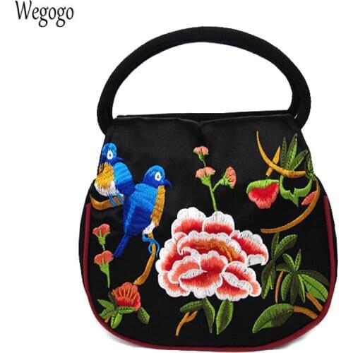Summer Women Handbag Embroidery Bag National Floral Embroidered Phone Coins Purse Ladies Double Zipper Woman Small Black Totes