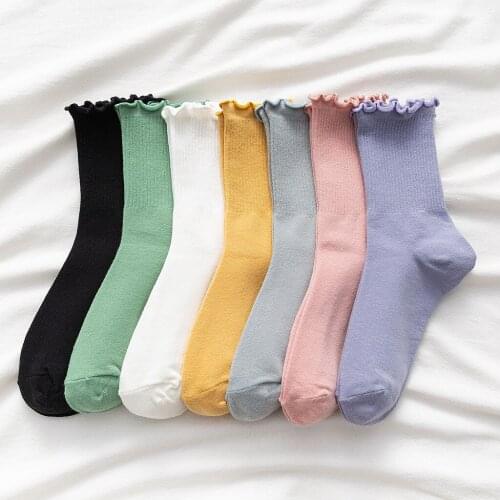 Macaroon Cotton Solid Curly Edge Cute Girl Socks Light Gray Black Green White Ginger Yellow Pink Purple Violet Hem Simple Pure