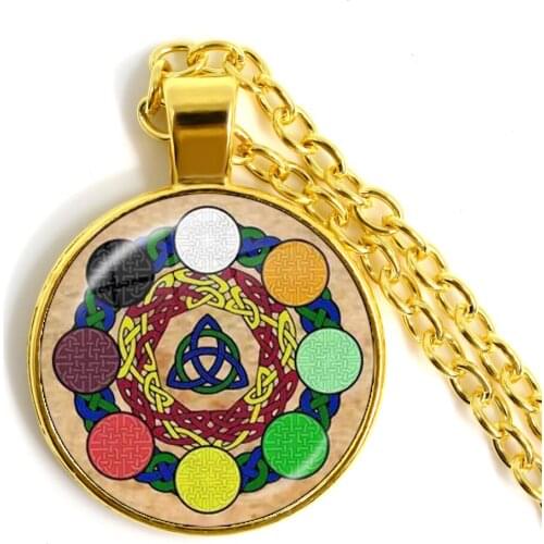 New Pentagram Pendant Necklaces Pagan Wheel Of The Year Round Photo Wiccan Gift Jewelry 25mm Glass Cabochon Link Sweater Chain