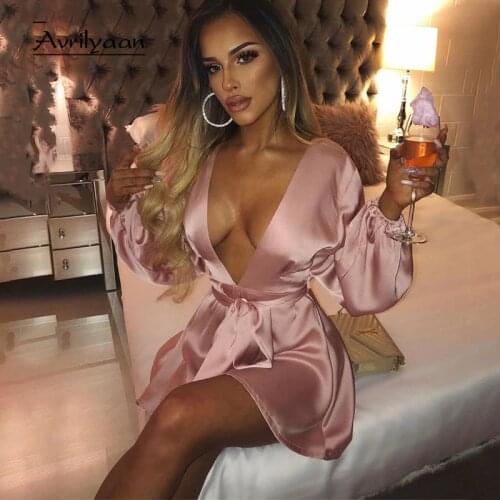 Avrilyaan Pink Robes Autumn Summer Dress For Women Long Lantern Sleeve Mini Party Dress Backless Night Club Sexy Dress Vestidos