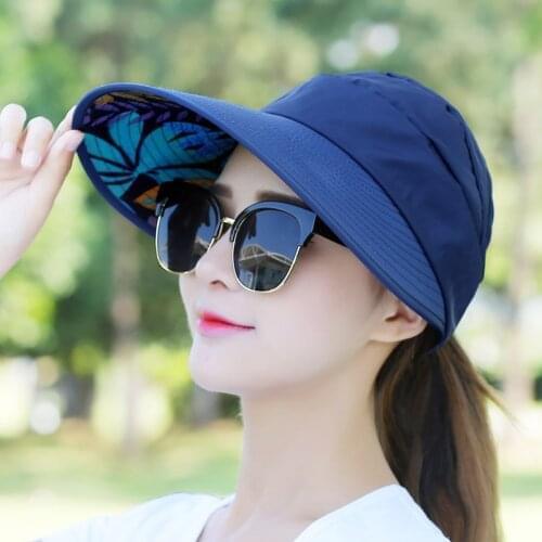 Fashion Solid Color And Flower Embroidery Polyester Sun Hats Women Summer Outdoor Cycling Travel Big Brim Sunscreen Visor Cap