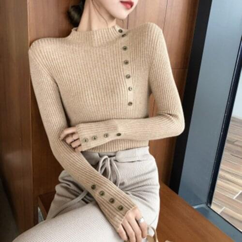 New Fashion Button Turtleneck Sweater Women Spring Autumn Solid Knitted Pullover Winter Slim Soft Jumper Sweater Knitted Tops