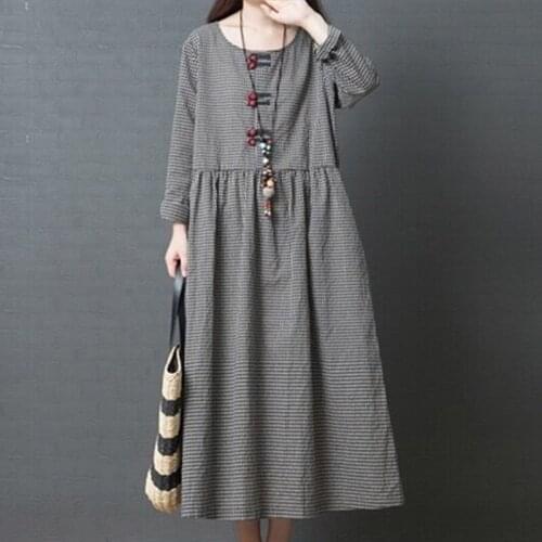 Cotton Linen Loose Women Dress Long Sleeve Autumn Dress Print Plaid buckle Vintage Dress Plus Size Female Casual Midi Dress