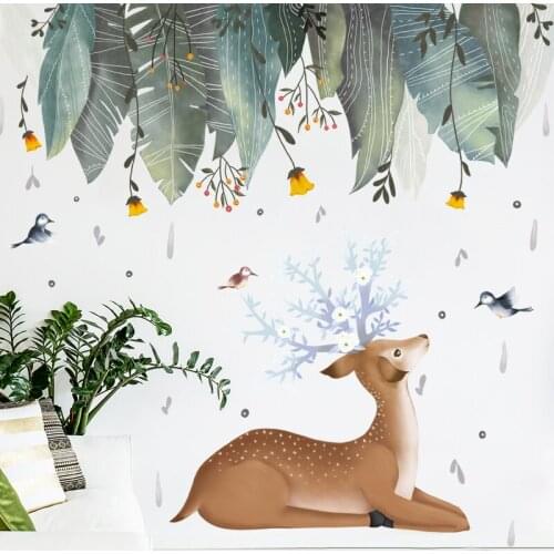 Tropical Wall Stickers Sika Deer Large Leaves Fresh Plants Wall Background Sofa TV Living Room Bedroom Decoration Vinyl Decals