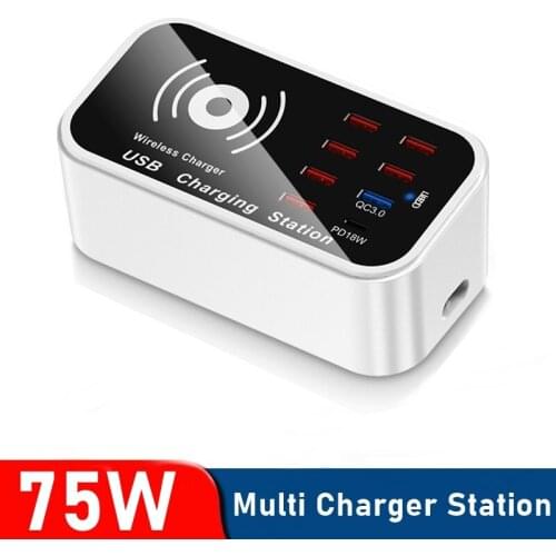 Universal 75W USB Charger Quick Charge QC3.0 PD 18W Wireless Charger Fast Charging Charger Station For Samsung Iphone Xiaomi
