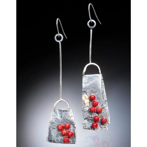 Vintage Tiny Red Beads Stone Drop Earrings Tribal Antique Silver Color Asymmetric Lock Bag Shape Hook Earring Brincos Mujer
