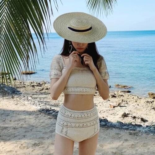 Knitted Push up Pad Swimsuit Short Sleeve Two Piece Swimwear Bandage High Waist Bikini Set Korea Style Solid Bathing Suit