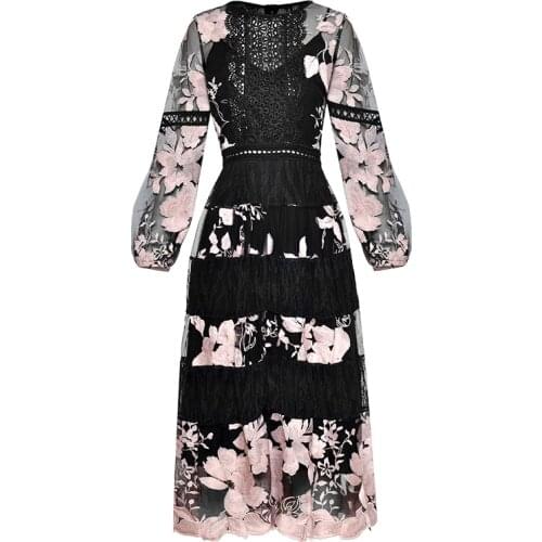 High Quality Autumn Runway Women Embroidery Lace Patchwork Mesh Dress Female Sexy Perspective Elegant Party Black Long Dresses