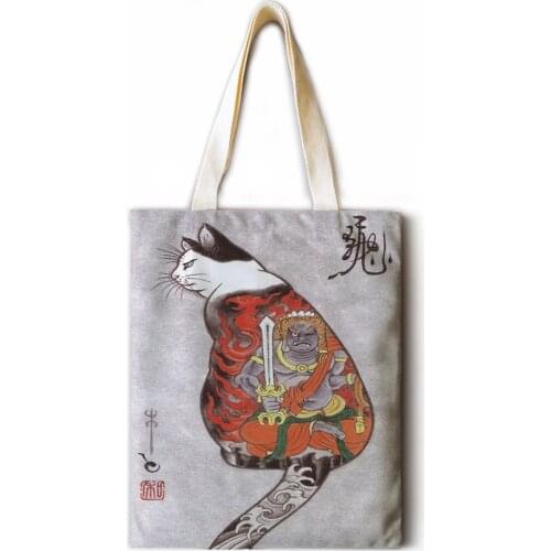 Japanese samurai cat cotton and linen handbag fashion shoulder bag ladies leisure ecological shopping bag foldable handbag