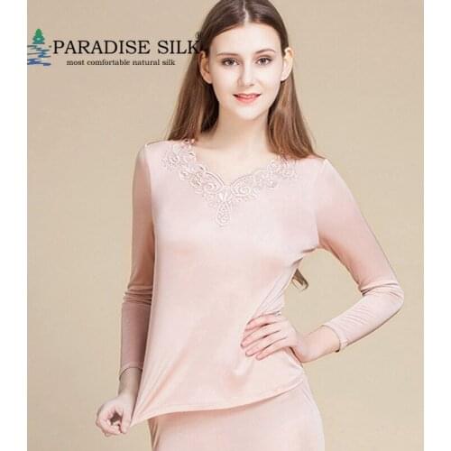 Silk Underwear Set Womens 100% Silk Lace V Neck Long Johns Top and Bottom Set Women Winter Clothes Size M L XL