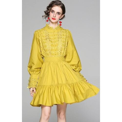 2021 Spring Fall New Fashion Hollow Out Embroidery Mini Cotton Dress Women Batwing Sleeve Ruffled Collar Ruffles Holiday Dress
