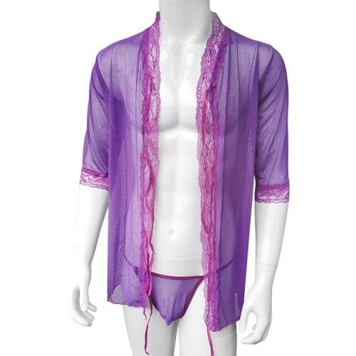 Sissy Sleepwear robe Mesh Lace Nightwear Fashion See Thru Sexy Sissy Lingerie Set Babydoll With G-String Thong Underwear Panties