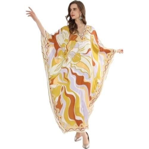 Orange wave floral chiffon cross border maxi dress women robe 20 summer long casual beach sexy loose dresses plus size v neck