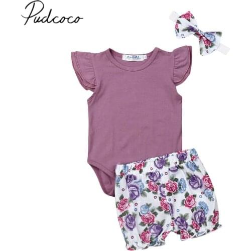 2019 Baby Summer Clothing 0-18M Toddler Baby Girl Purple Romper+Flowers Print Shorts Headband Casual Party 3Pcs Sets Outfits