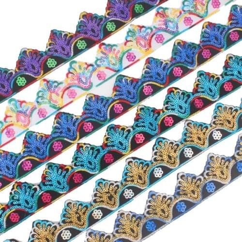 5Yards Ethnic Embroidered sequin Lace Trim Flower Jacquard Ribbon for Garment Bag Accessories DIY Craft Making Sewing Fabric