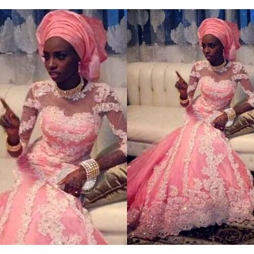 Arabic O Neck Long Sleeve Lace Appliques Pink Dubai robe de soiree Muslim Mermaid 2018 Evening Gown mother of the bride dresses