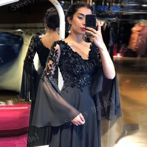 Black Evening Dresses 2021 V-Neck Long Flare Sleeves Beaded Lace Appliques A-Line Arabic Chiffon Formal Prom Gowns Party Dress