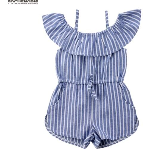 1-6Y Toddler Baby Girls Lovely Fashion Summer Overalls Romper Short Length Off Shoulder Blue Striped Elastic Waist Overalls