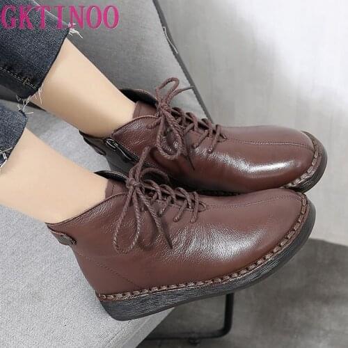 GKTINOO 2020 Winter Genuine Leather Ankle Boots Handmade Lady Soft Flat Shoes Comfortable Casual Moccasins Side Zip Ankle Boots