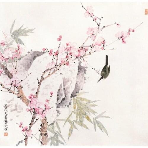 Chinese classical brid bamboo peach blossom scenery oil painting canvas printings printed on canvas wall art decoration picture