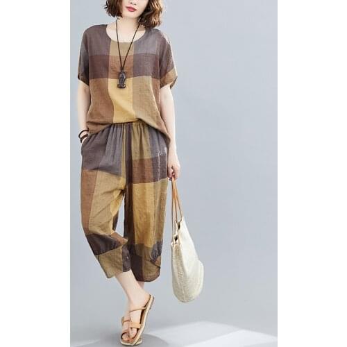 Thin Soft Cotton Linen Loose Women Clothes Set Tops Harem Pants Two Piece Casual Set Vintage Plaid Lady Summer Fashion Set Suits