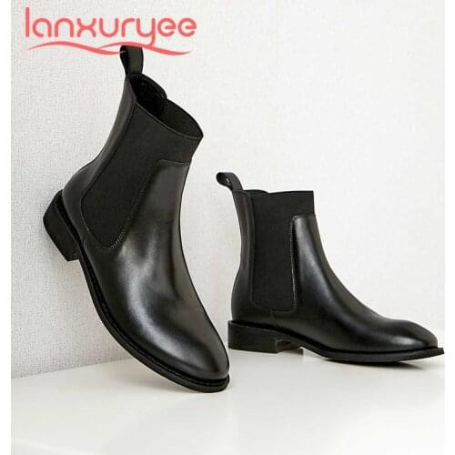 Lanxuryee 2021 concise style short boots natural leather three colors all-match round toe thick med heel slip on ankle boots L53