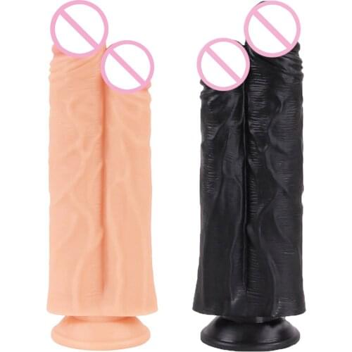 Conjoined Double Dildo Two Penis Penetration Stimulation Big Double Headed Dildos Realistic Dual Phallus with Strong Cup Sex Toy