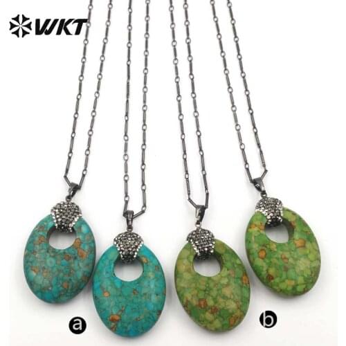 WT-NV209 Bohemia Style Oval Shape Natural Stone With Hollow Rhinestone Paved In Top Pendant Black Metal Chain Gift For Her