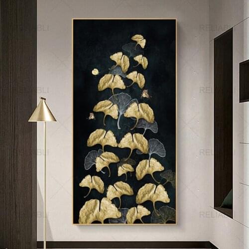 Nordic Black and Golden Leaves Plant Poster Canvas Painting Interior Porch Decorative Pictures Modern Abstract Gold Wall Prints