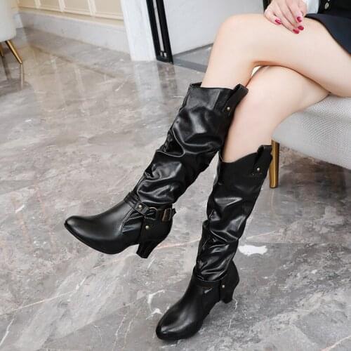 Ladies Fashion Folded Mid-Tube Boots Winter Buckle Round Toe Boots Square High Heel Solid Color Womens Shoes